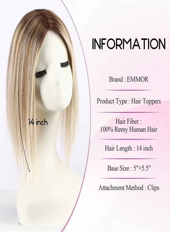 EMMOR Real Hair Toppers for Women Human Hair Toppers for Thin Hair 5"×5.5" Hand-woven Skin Scalp Silk Base Cover 14inch Top Hairpieces Wiglets for Women(Ombre Mixed Blonde) - Image 2
